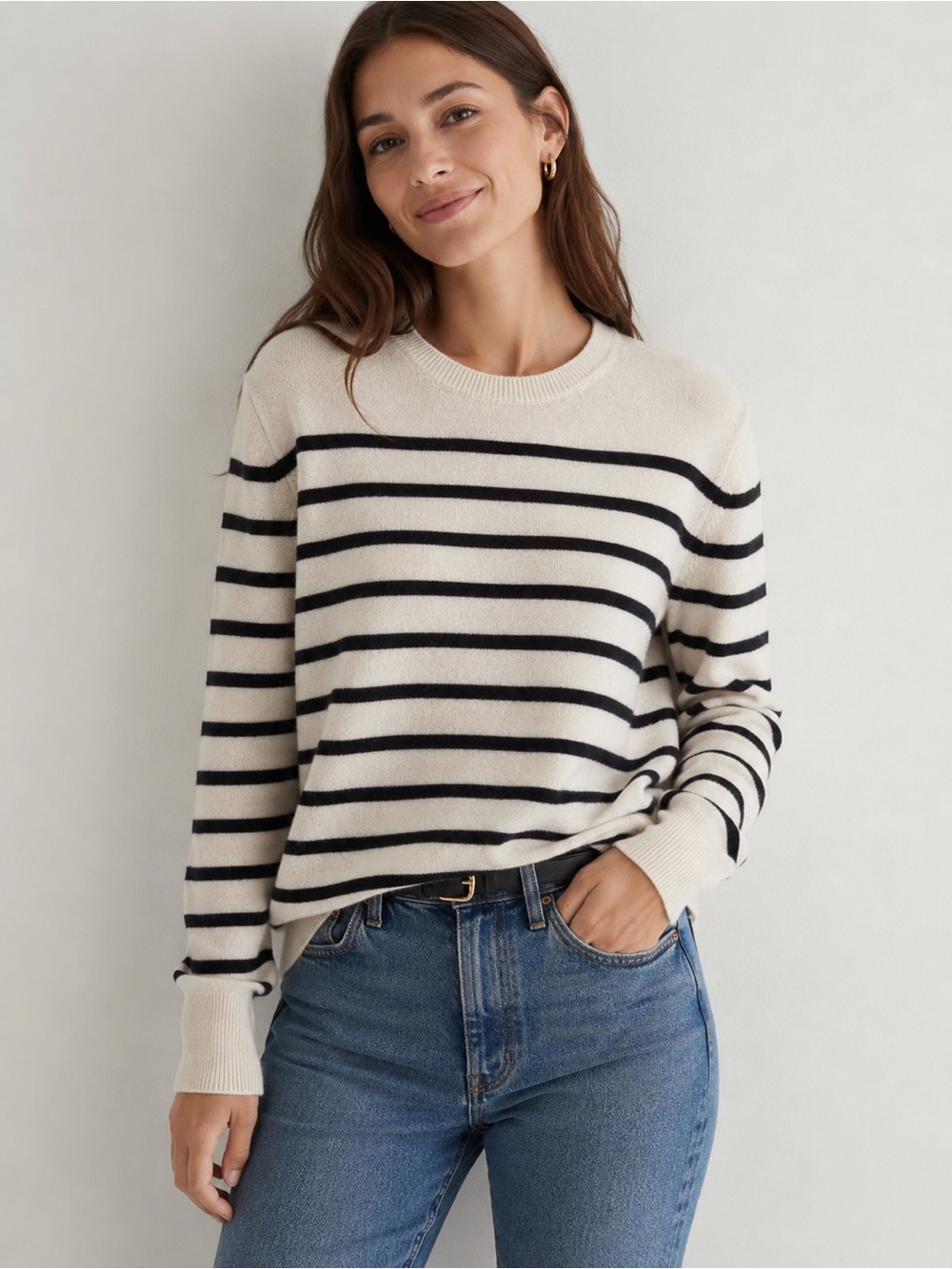 Quince 100% Mongolian Cashmere Crewneck Sweater Ivory Black Stripe Women’s L - Picture 2 of 7
